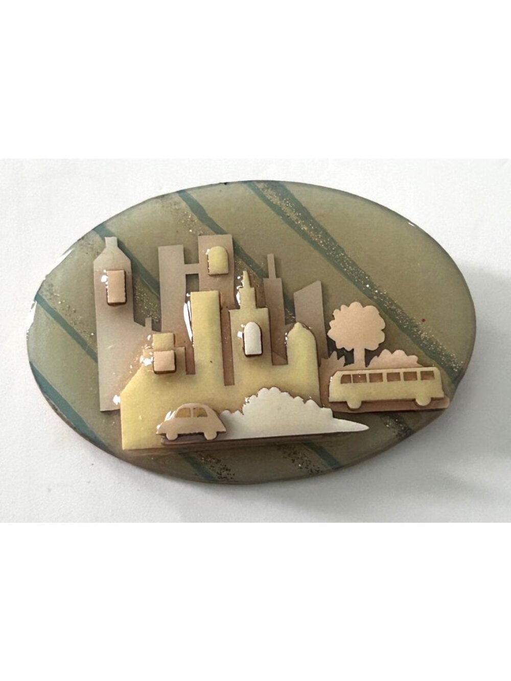 House Pins By Lucinda Handmade Oval Cityscape Brooch Pin 2.5" Resin & Wood Multi